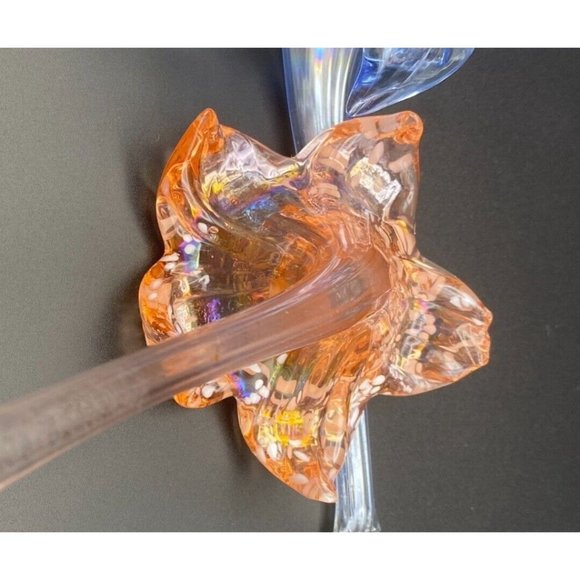 Tiger Lily Flower Vase Art Glass Laying Down 8” Hand Blown Iridescent Set Of 3 - Picture 6 of 8